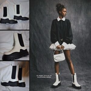 FASHION NOVA White Lug Sole Combat Boots - Black Chunky Sole, Women Size 9